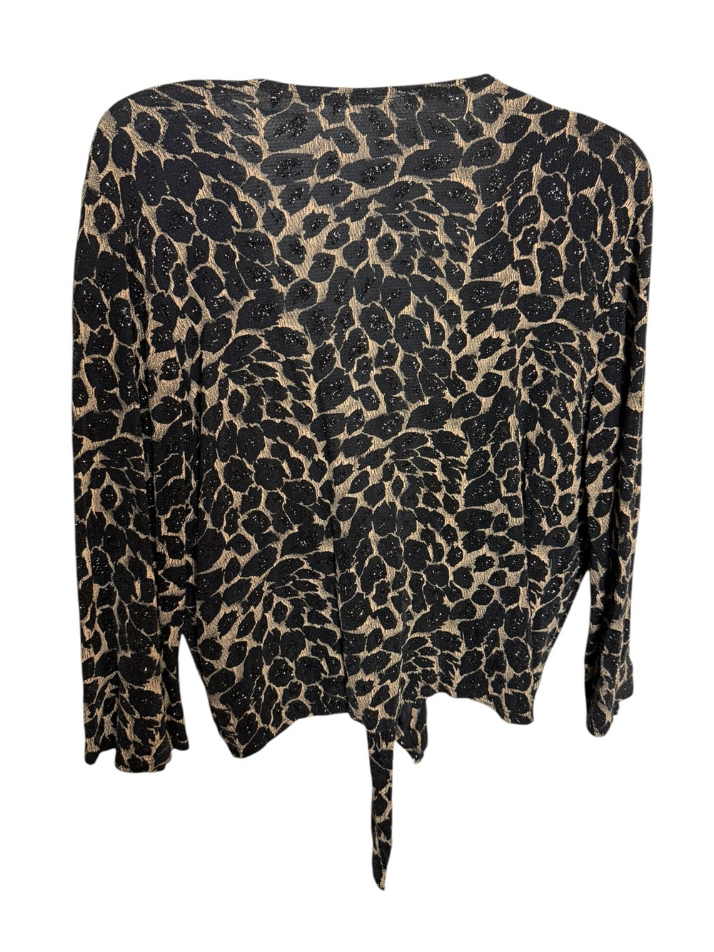 Leopard Print Shimmer Tie-Front Cardigan Top Black Tan Glam - Picture 5 of 6